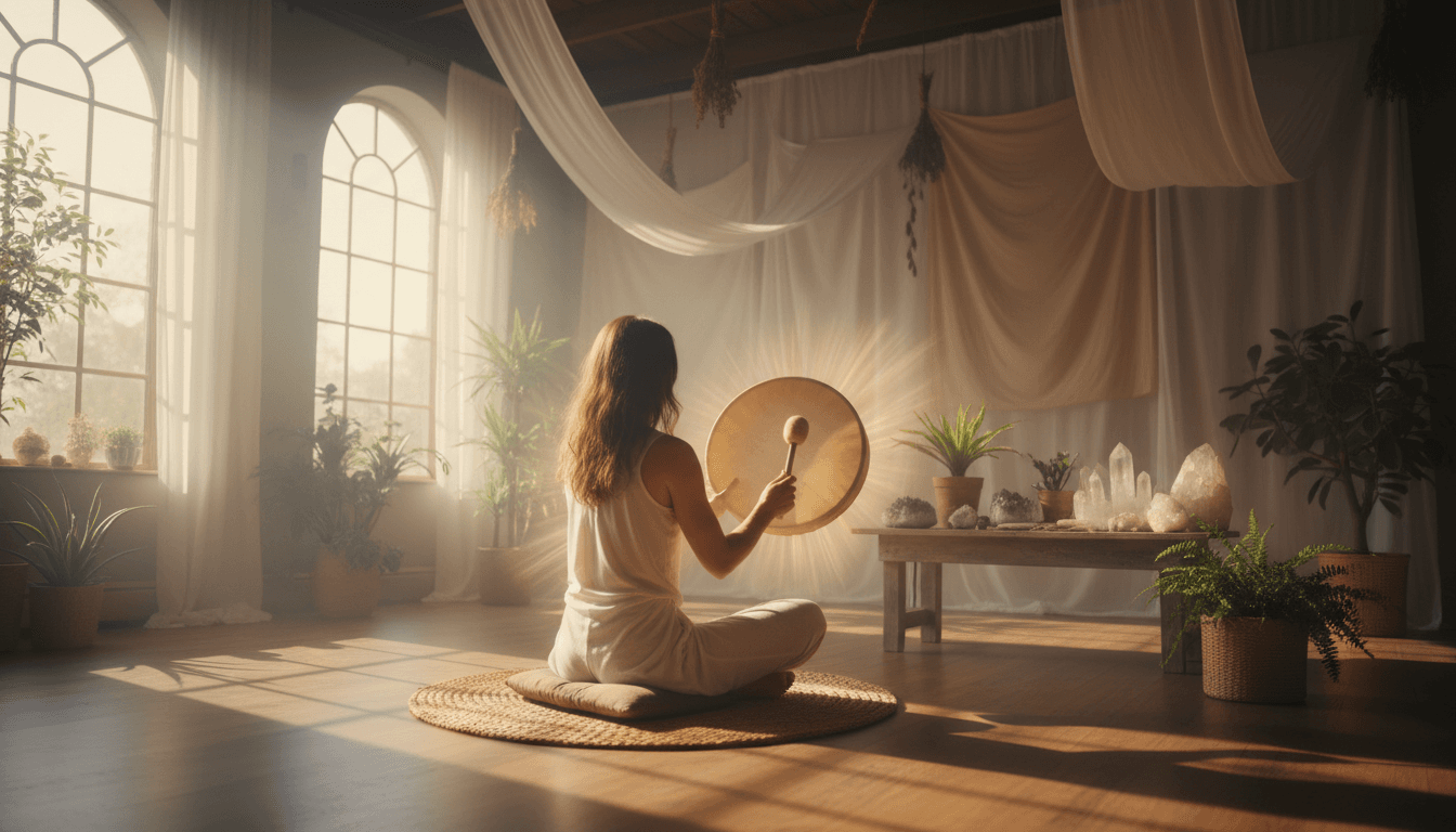 Woman performs shamanic drumming in a tranquil, naturally lit studio with earthy decor.
