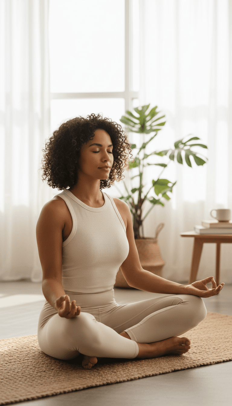 Woman meditating on yoga mat in sunlit home studio, practicing mindfulness and wellness techniques