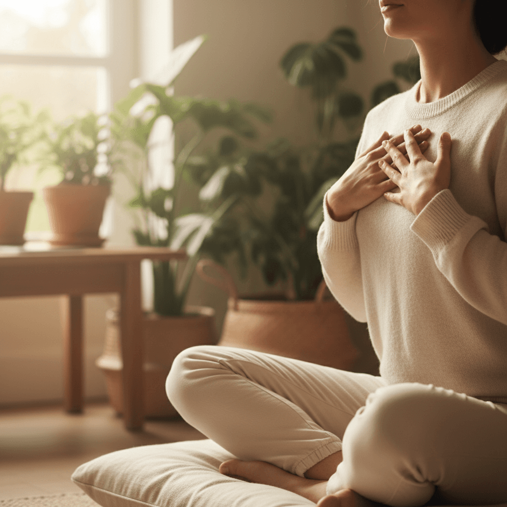 Person practicing controlled breathing with hands on chest near sunlit window in peaceful home setting
