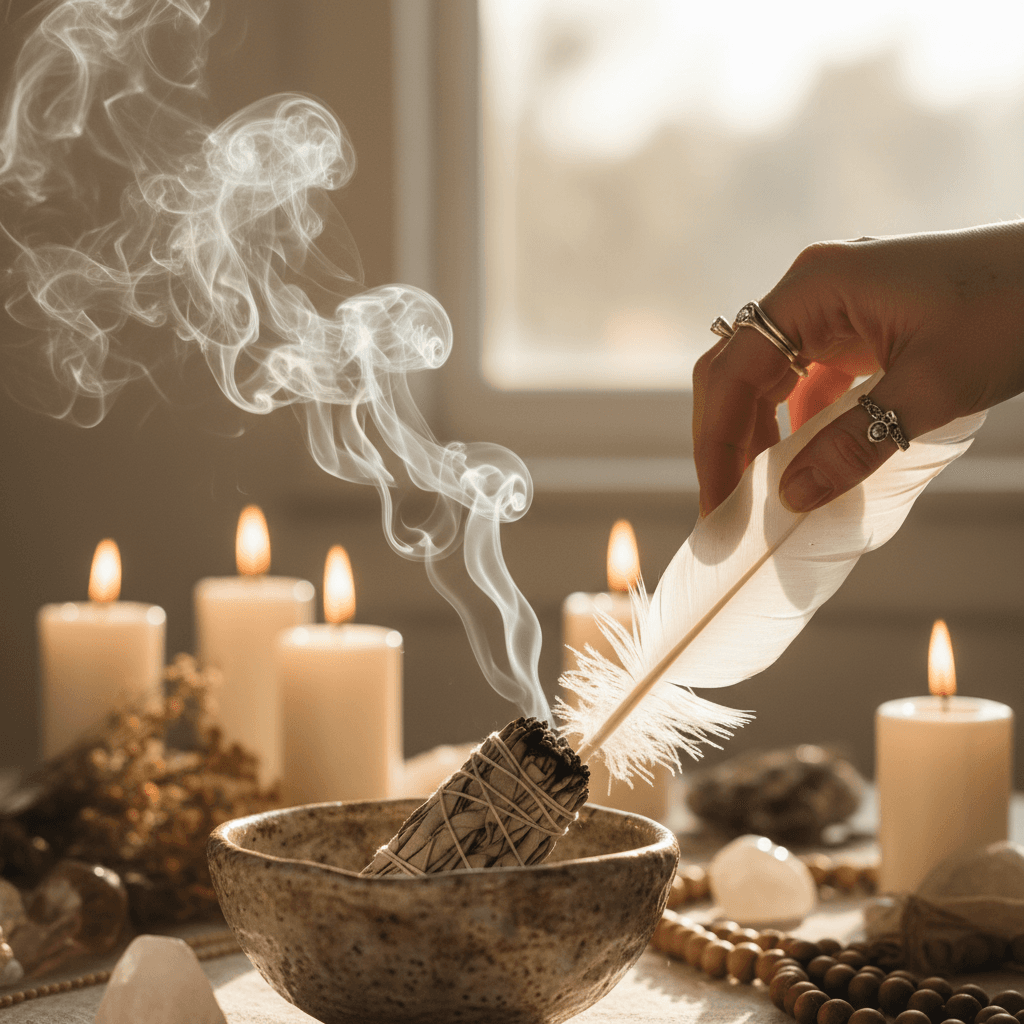 Practitioner hands holding feather, guiding white sage smoke from ceramic smudging bowl in candlelight