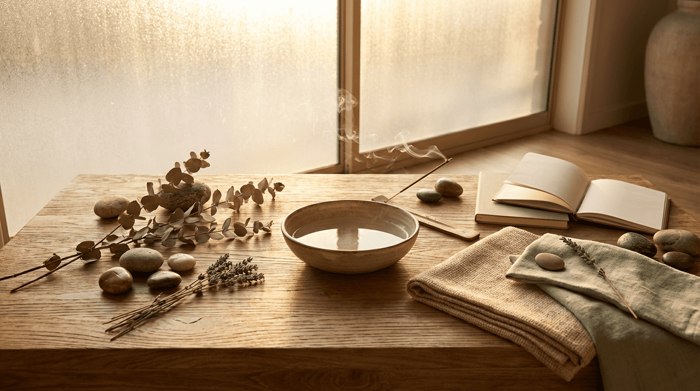 Woman's hands holding burning sage bundle over ceramic bowl in softly-lit sacred space with crystals and candles